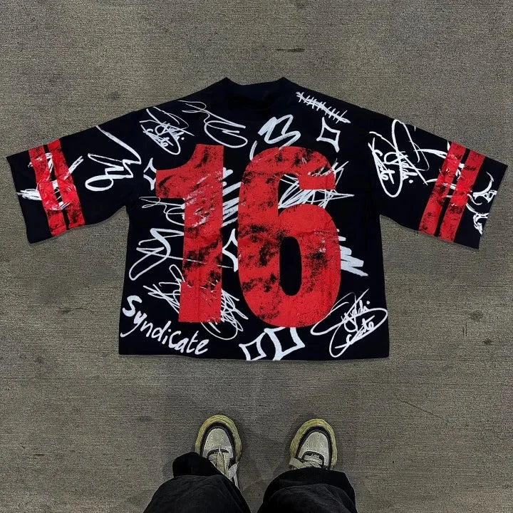 Graffiti No.16 Printed Three-quarter Sleeve Cotton T-Shirt Men Y2K Short Sleeves Vintage Oversize Tshirt Streetwear Women Tops
