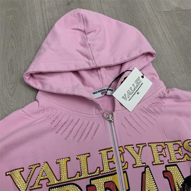 VALLEY Mens Hooded Sweatshirts Hot Diamond Logo Pure Cotton Pink Vale Lady Portrait Print  Zip Jackets