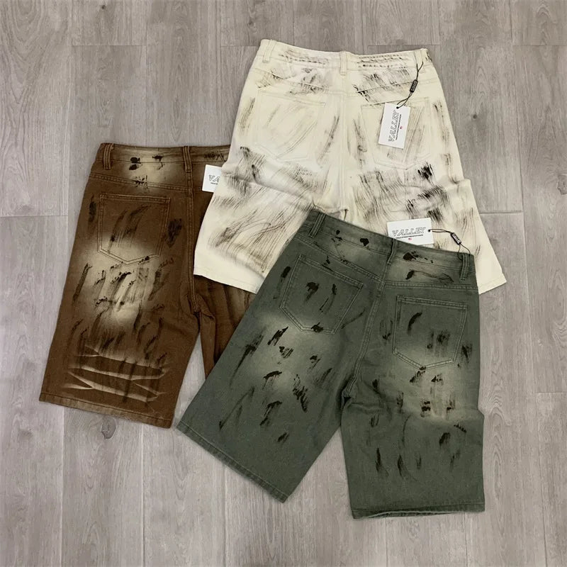 VALLEY Jean Shorts Men Women 1:1 High-quality Hot Drill Ripped Washed Black Vale Jeans