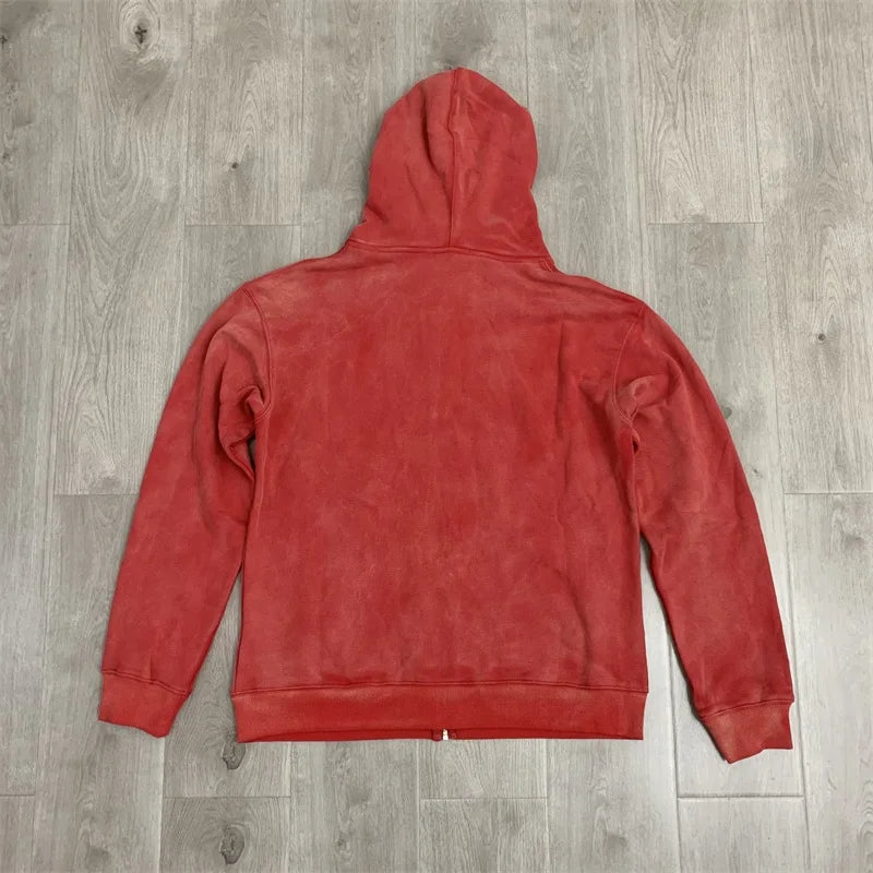 Red Washed VALLEY Oversized Hoodies Men Women American Pure Cotton Vale Embroidered Logo Zip Jackets