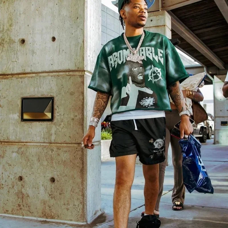 Y2K New Trend American Hip-hop Punk Portrait Graphic Print Super Green T-shirt Men's and Women's T-neck Cotton Short Shirt