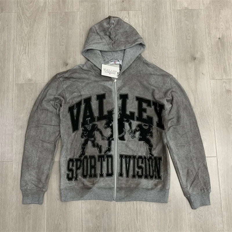 Oversized VALLEY Embroidered Logo Jackets Men Women Pure Cotton Vale Black Washed Hooded Sweatshirts