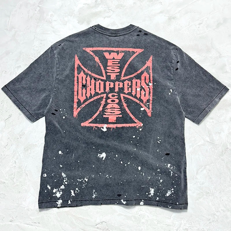 Classic Orange Cross Logo Print West Coast Choppers T Shirt Men Women Vintage Washed Black Splashed Ink T-Shirt Damaged Hole Tee