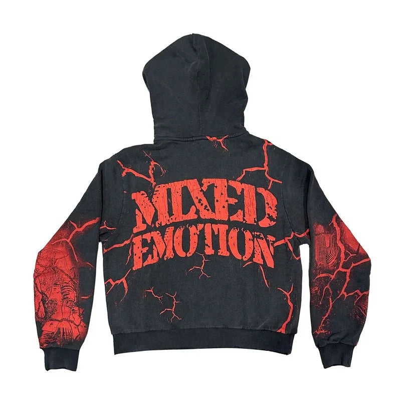 Men Women Couples MIXED EMOTION Hooded Sweatshirt Jacket Streetwear Retro Alien Graffiti Print Cardigan Zip Hoodies