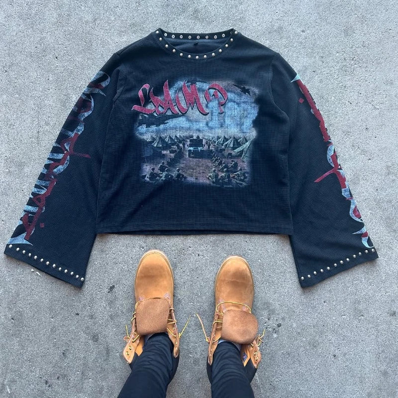 New Fashion Trend Oversized Camper Graphic Printed Rhinestone Sleeve Button T-shirt Y2k Gothic Men Women Hip Hop Streetwear Tops