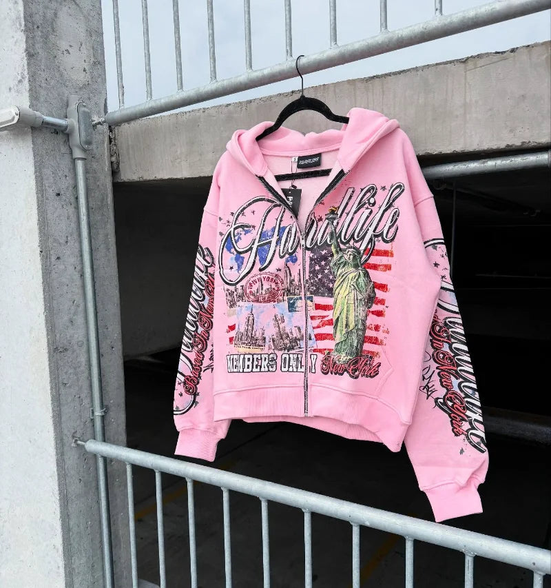 European and American streetwear oversized printed zipper hoodie for men Y2k anime hoodie jacket retro Harajuku sweatshirt women