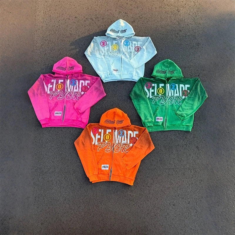 Harajuku Letter Printing Casual Fashion Oversized Zip Up Hooded Sweatshirts Trend Men Women Versatile High Quality Streetwear