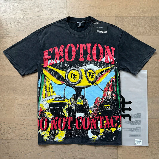 Alien Print MIXED EMOTION White Pure Cotton Tshirts Men Women American High Street Oversized T Shirt