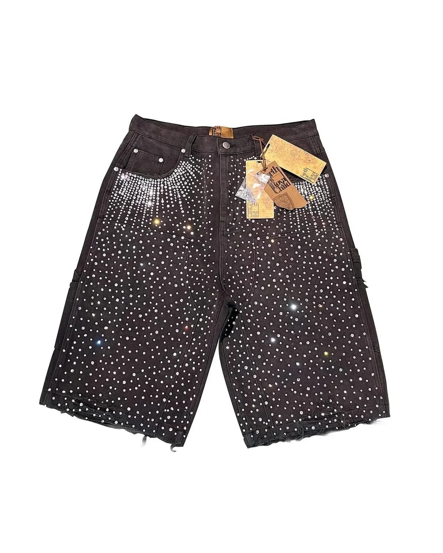 Streetwear Couple Vintage Rhinestone Sequined Denim Shorts Y2K Cowboy Hip Hop Denim Loose Sport Shorts Denim Casual Shorts