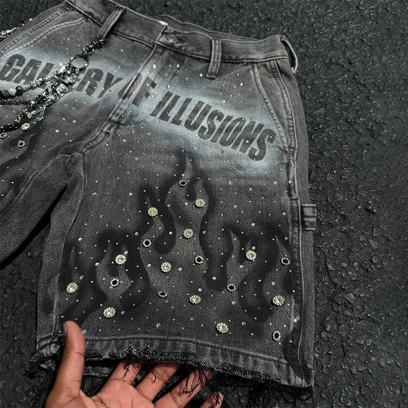 Y2K Fashion Distressed Jeans Retro Rhinestone Flame Pattern Printing Casual Washed Denim Shorts Men Women High Waist Streetwear