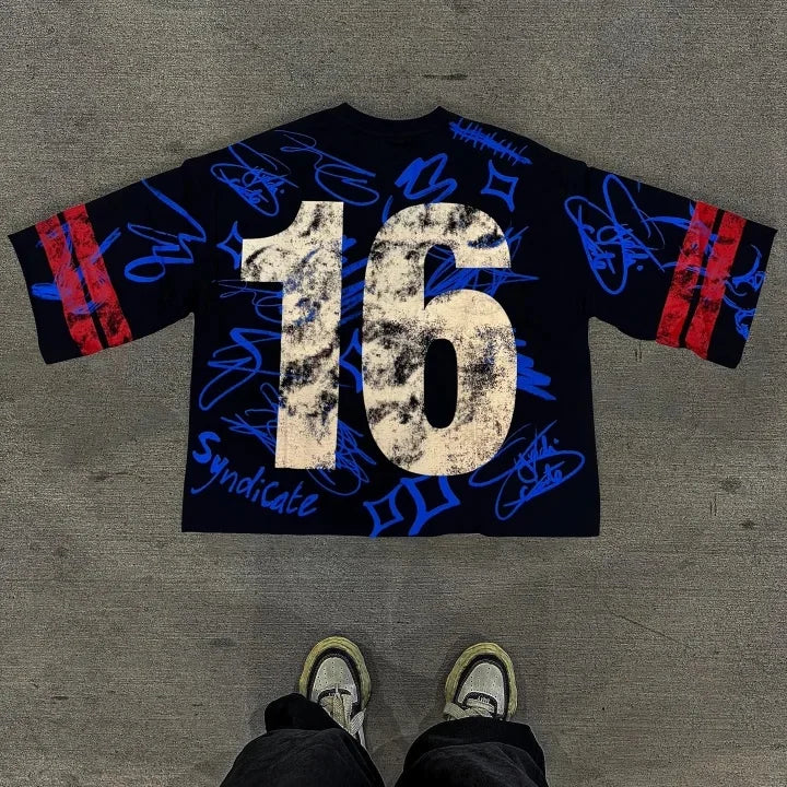 Graffiti No.16 Printed Three-quarter Sleeve Cotton T-Shirt Men Y2K Short Sleeves Vintage Oversize Tshirt Streetwear Women Tops