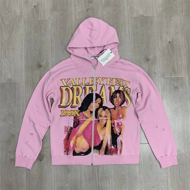 VALLEY Mens Hooded Sweatshirts Hot Diamond Logo Pure Cotton Pink Vale Lady Portrait Print  Zip Jackets