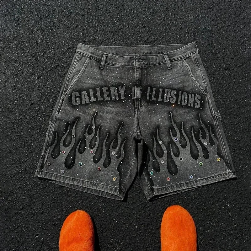 Y2K Fashion Distressed Jeans Retro Rhinestone Flame Pattern Printing Casual Washed Denim Shorts Men Women High Waist Streetwear