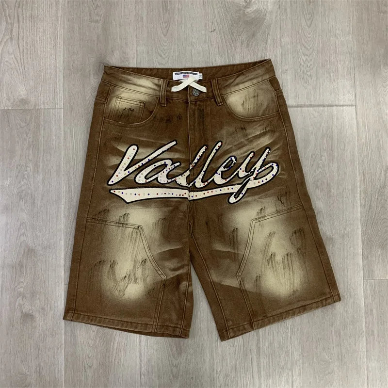 VALLEY Jean Shorts Men Women 1:1 High-quality Hot Drill Ripped Washed Black Vale Jeans