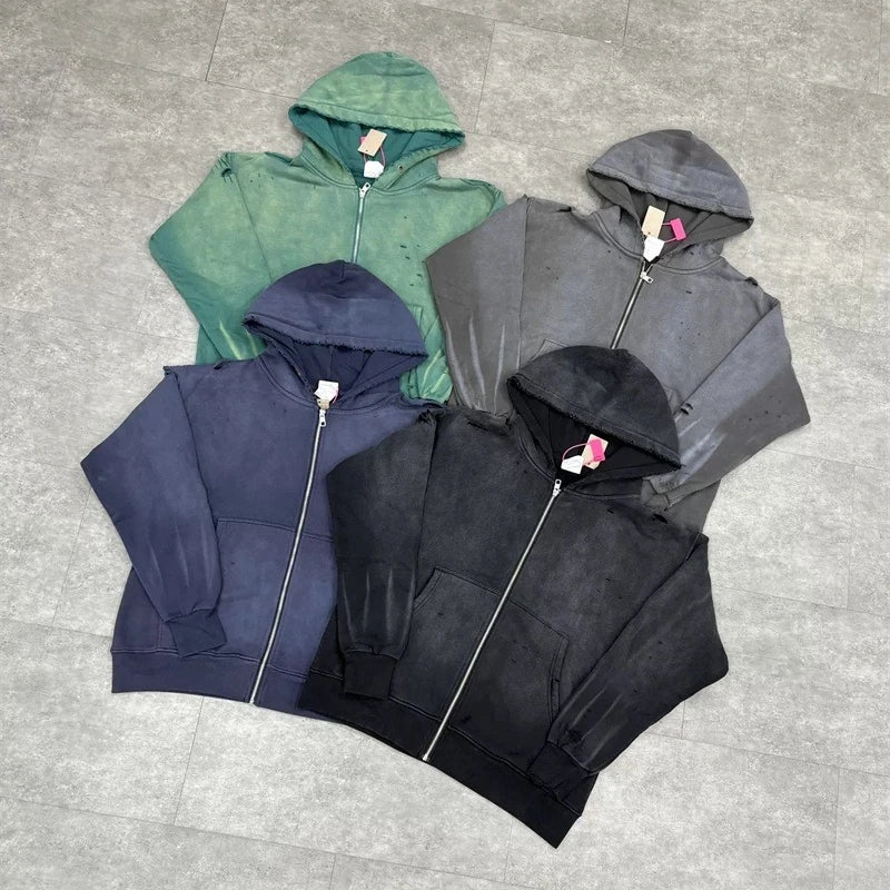 Black Washed SAINT Mxxxxxx Zipper Jackets Men Women Destroy Hole Oversized Vintage Hoodies