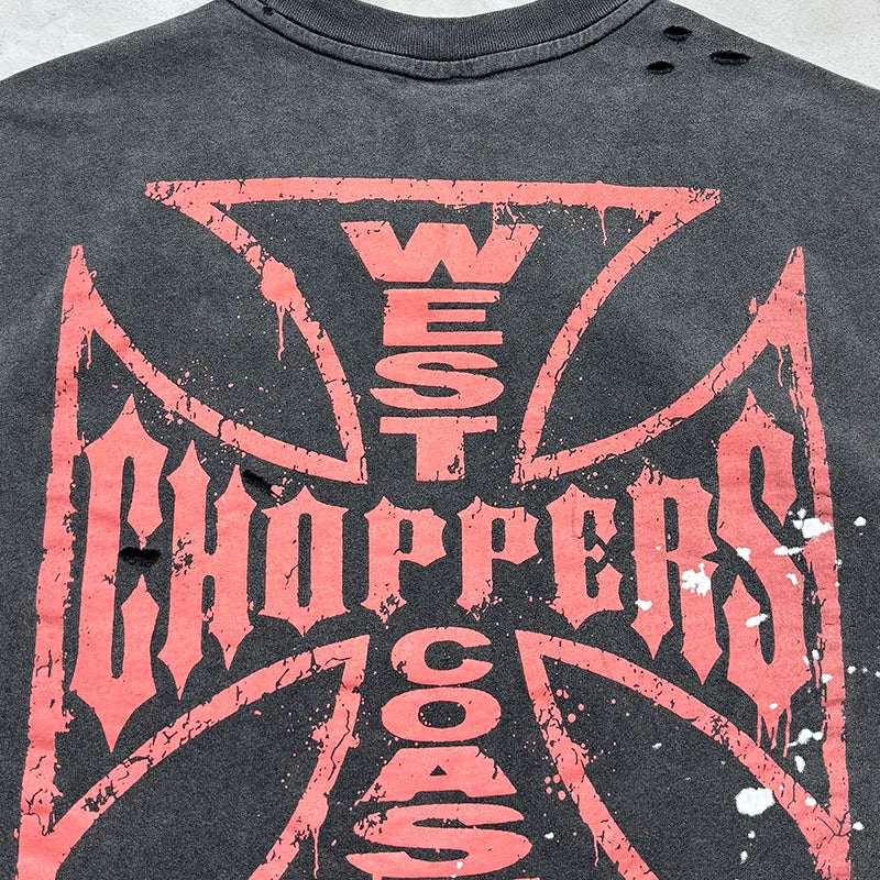 Classic Orange Cross Logo Print West Coast Choppers T Shirt Men Women Vintage Washed Black Splashed Ink T-Shirt Damaged Hole Tee