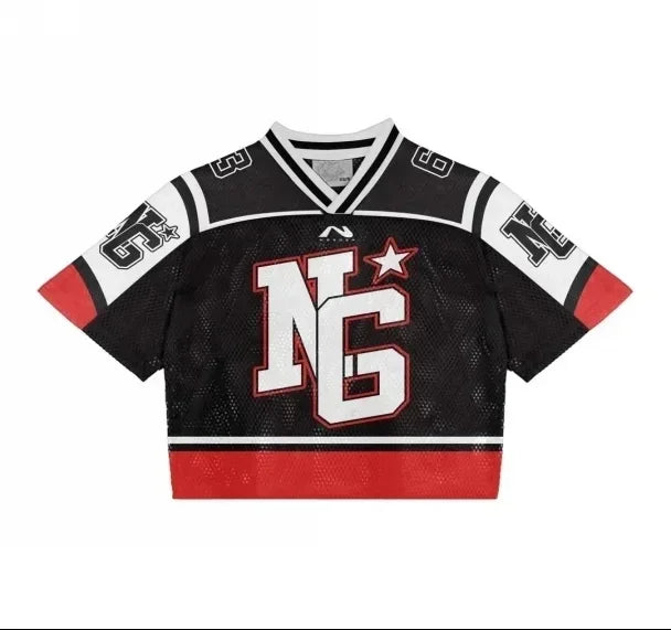 Y2K T Shirt American Fashionable breathable splicing loose football jersey Streetwear casual Breathable Unisex Short Sleeve top