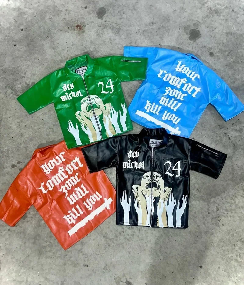 American Fashion Trend Goth Print Spot Zipper Polo Shirts Men Y2K New Street Hip Hop Retro Short Sleeved Couples Selling T-shirt