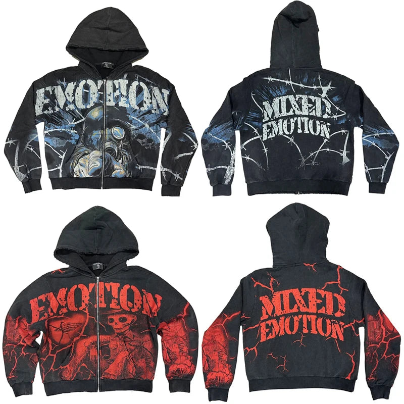 Men Women Couples MIXED EMOTION Hooded Sweatshirt Jacket Streetwear Retro Alien Graffiti Print Cardigan Zip Hoodies