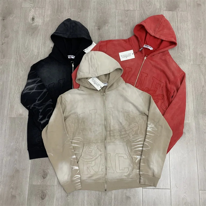 Red Washed VALLEY Oversized Hoodies Men Women American Pure Cotton Vale Embroidered Logo Zip Jackets