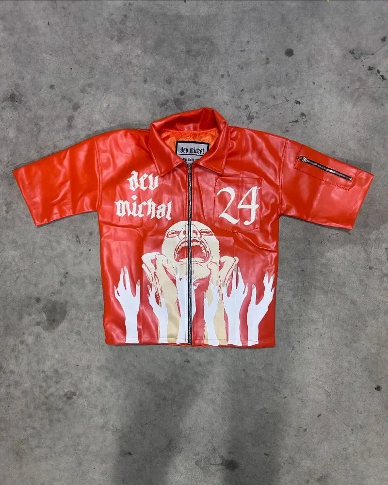 American Fashion Trend Goth Print Spot Zipper Polo Shirts Men Y2K New Street Hip Hop Retro Short Sleeved Couples Selling T-shirt