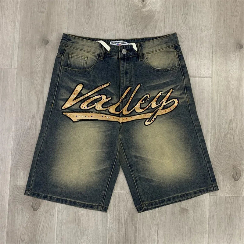 VALLEY Jean Shorts Men Women 1:1 High-quality Hot Drill Ripped Washed Black Vale Jeans