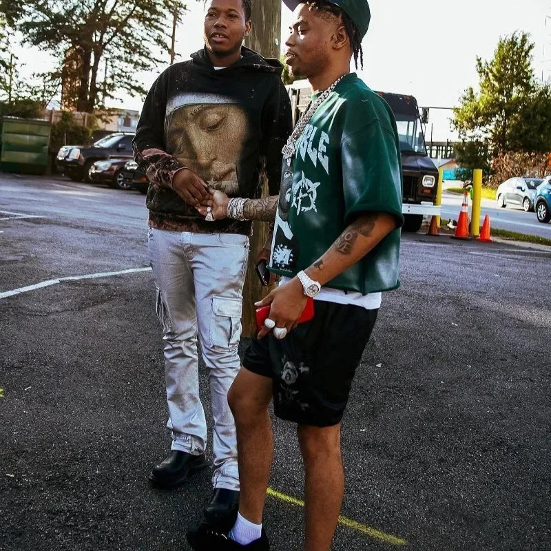 Y2K New Trend American Hip-hop Punk Portrait Graphic Print Super Green T-shirt Men's and Women's T-neck Cotton Short Shirt