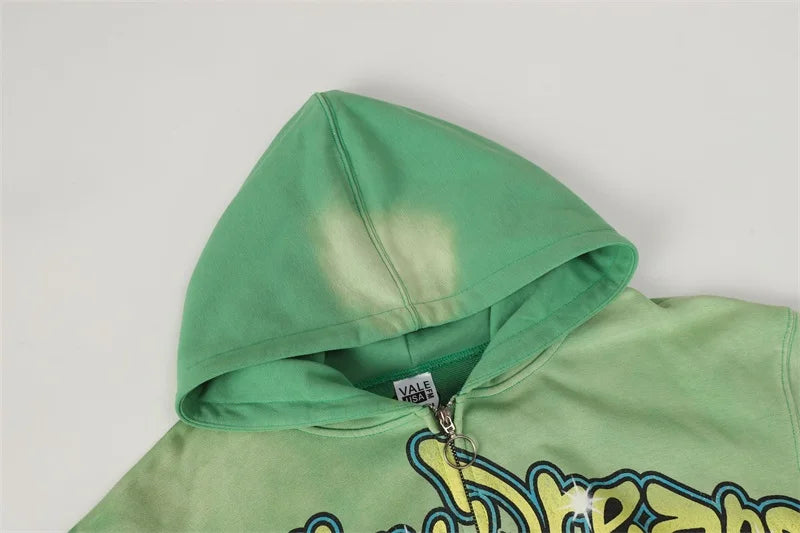 Washed Green VALLEY Sweatshirts Men Women Retro Cartoon Print Vale Hoodies Zip Up Cardigan Jackets