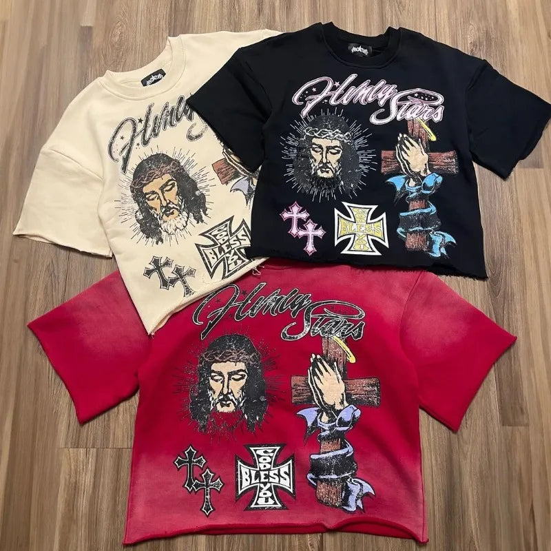 Trendy Brand Fashion Versatile Loose Half-sleeved Top Men Y2k Harajuku Hip-hop Rock Anime Cartoon Printed Short-sleeved T-shirt