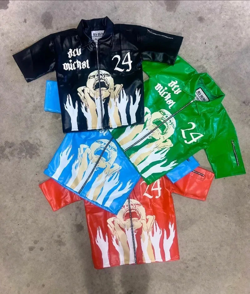 American Fashion Trend Goth Print Spot Zipper Polo Shirts Men Y2K New Street Hip Hop Retro Short Sleeved Couples Selling T-shirt