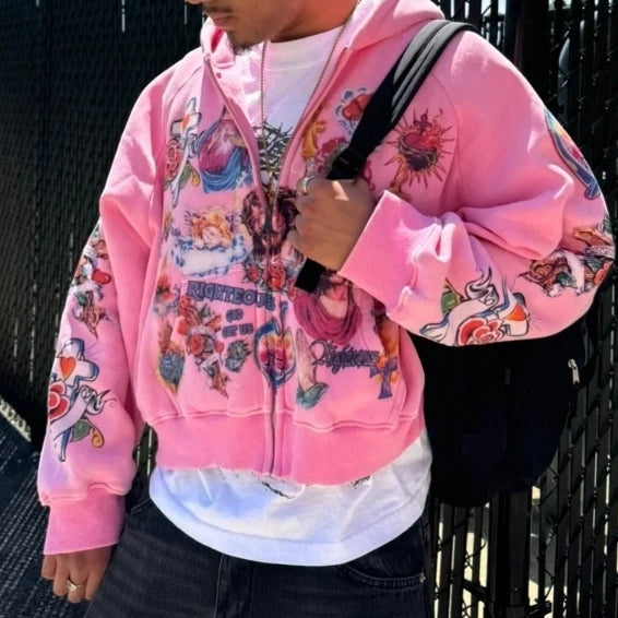 2025 Street Casual Clothing Retro Pattern Printed Hoodie Loose Temperament Men's Hoodie Gothic Rock Fashion Sports Hoodie