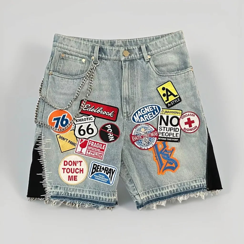 Y2k Black Denim Shorts Baggy Streetwear Embroidery Cartoon Graphics Short Jeans Men Harajuku Hip Hop Loose Fitness Casual Shorts
