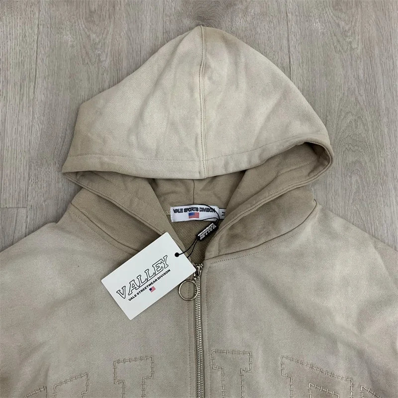 Red Washed VALLEY Oversized Hoodies Men Women American Pure Cotton Vale Embroidered Logo Zip Jackets