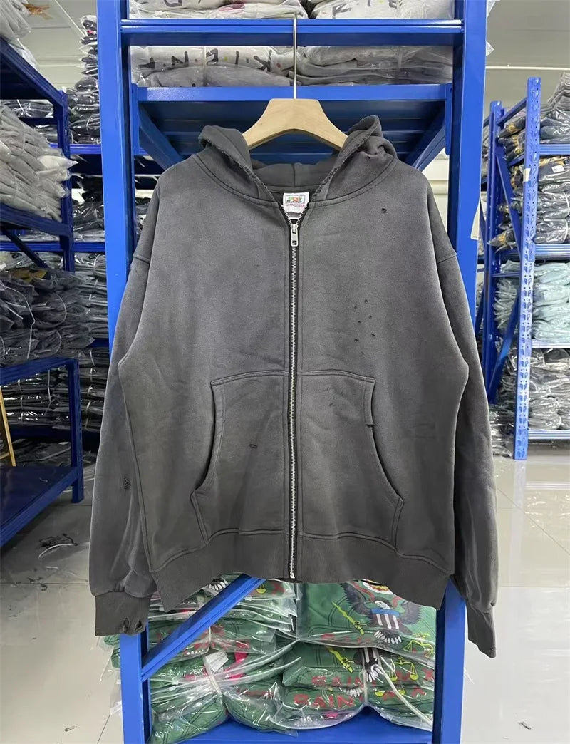 Black Washed SAINT Mxxxxxx Zipper Jackets Men Women Destroy Hole Oversized Vintage Hoodies