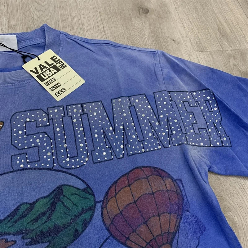 Vintage VALLEY Hot Drill Letter Short Sleeve Pure Cotton Vale Mens T-Shirts