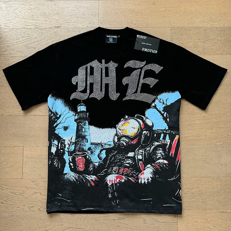 Alien Print MIXED EMOTION White Pure Cotton Tshirts Men Women American High Street Oversized T Shirt