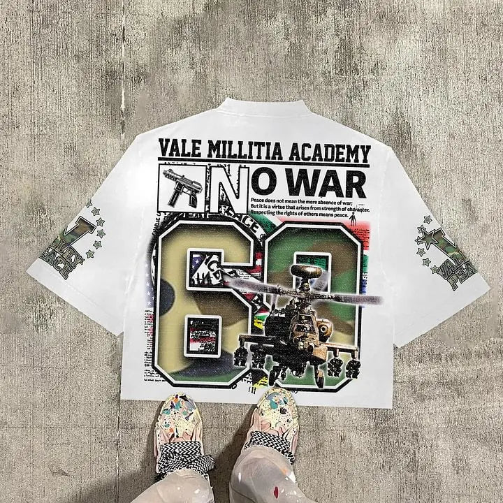 Vintage Warzone 69 Peace Graphic 100% Cotton T-Shirt Cropped Tees Men's Vintage Casual Top Men's harajuku  men clothing