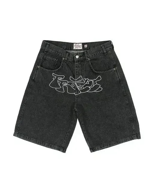 Vintage Cross Rhinestone Denim Shorts Y2K Jeans Mens Womens Harajuku Hip Hop Retro Black Baggy Gym Shorts Low Waist Shorts
