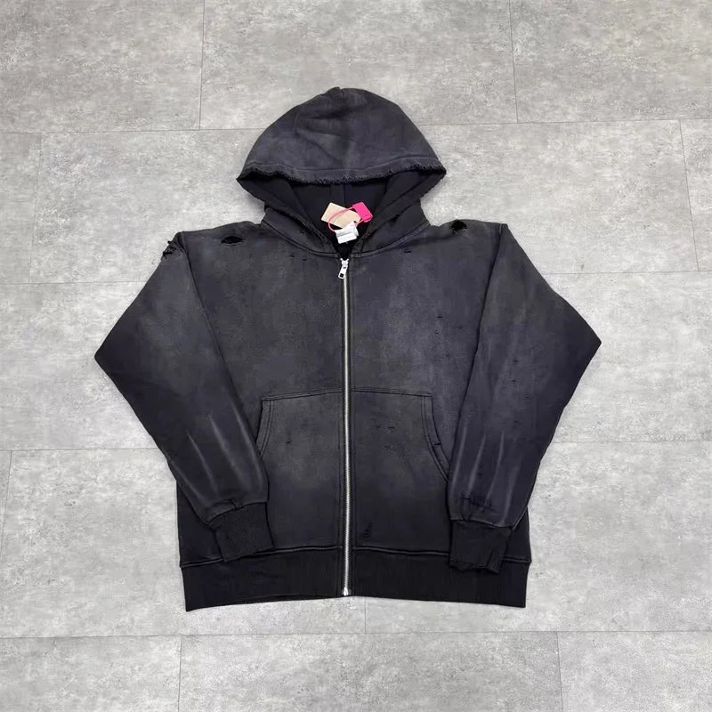Black Washed SAINT Mxxxxxx Zipper Jackets Men Women Destroy Hole Oversized Vintage Hoodies