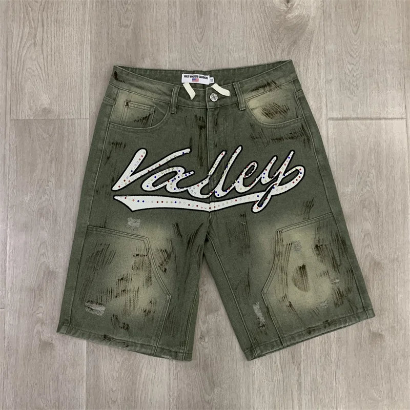 VALLEY Jean Shorts Men Women 1:1 High-quality Hot Drill Ripped Washed Black Vale Jeans