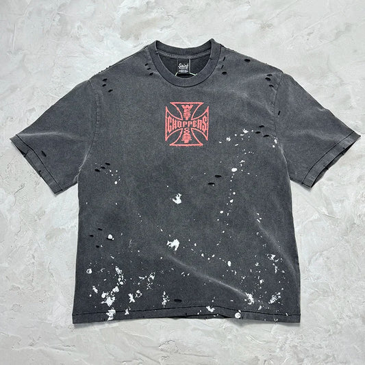 Classic Orange Cross Logo Print West Coast Choppers T Shirt Men Women Vintage Washed Black Splashed Ink T-Shirt Damaged Hole Tee