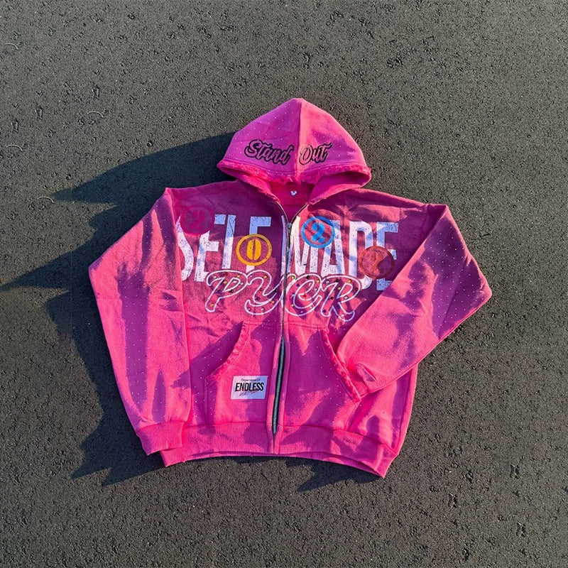 Harajuku Letter Printing Casual Fashion Oversized Zip Up Hooded Sweatshirts Trend Men Women Versatile High Quality Streetwear