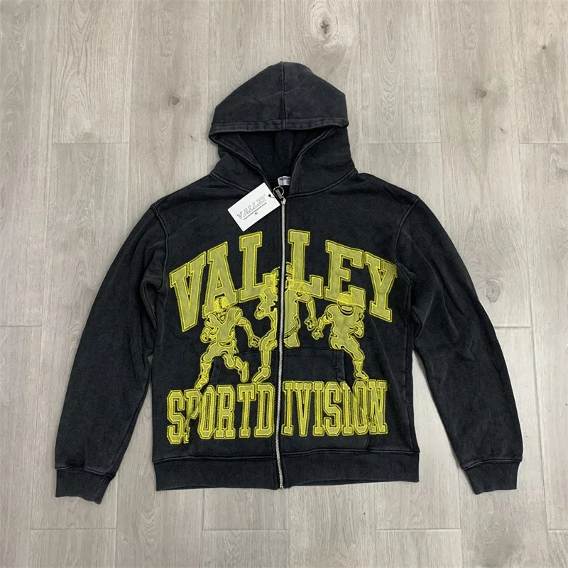 Oversized VALLEY Embroidered Logo Jackets Men Women Pure Cotton Vale Black Washed Hooded Sweatshirts