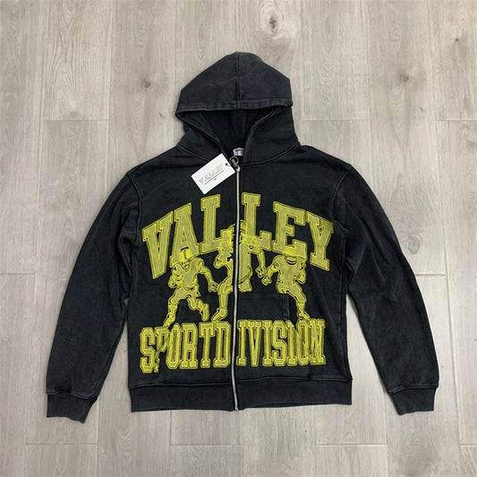 Oversized VALLEY Embroidered Logo Jackets Men Women Pure Cotton Vale Black Washed Hooded Sweatshirts