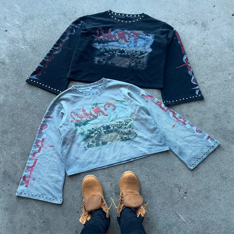 New Fashion Trend Oversized Camper Graphic Printed Rhinestone Sleeve Button T-shirt Y2k Gothic Men Women Hip Hop Streetwear Tops