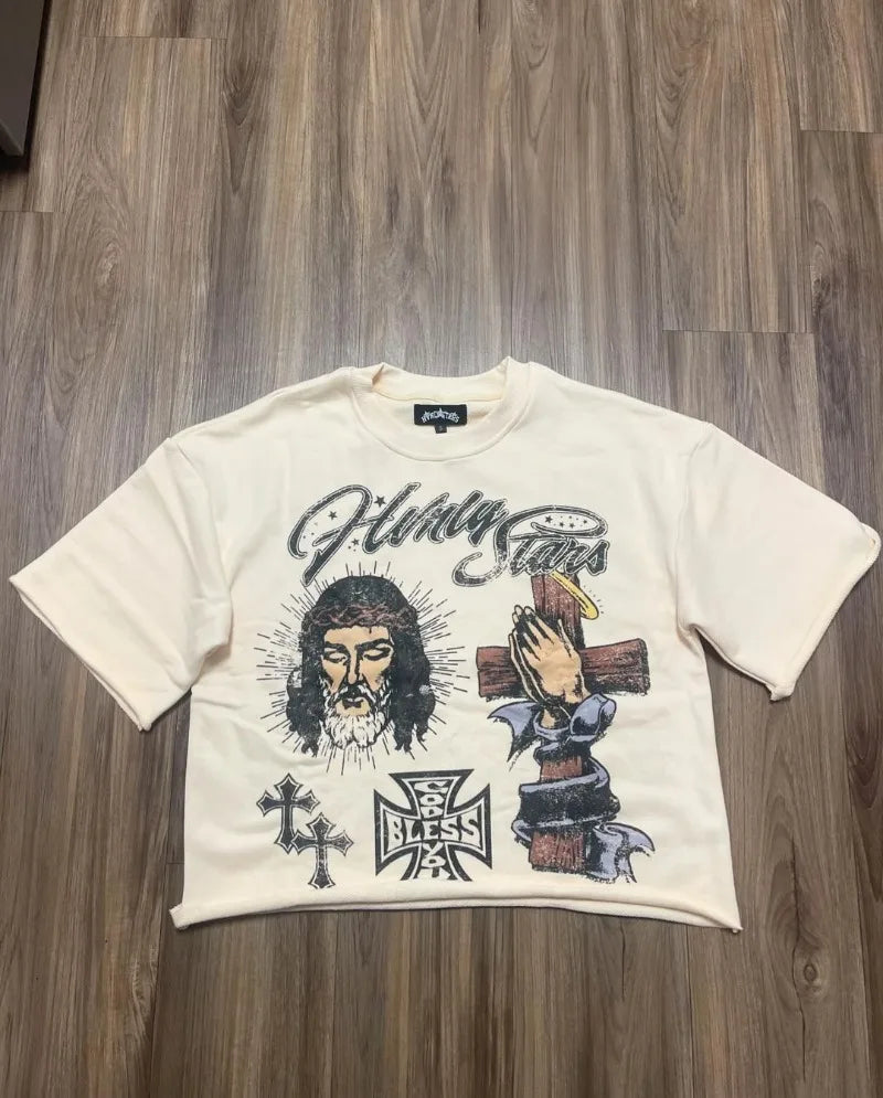 Trendy Brand Fashion Versatile Loose Half-sleeved Top Men Y2k Harajuku Hip-hop Rock Anime Cartoon Printed Short-sleeved T-shirt