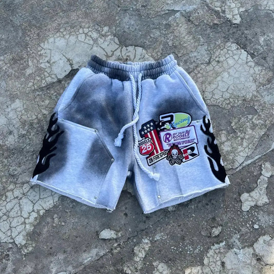 American Style Old Creative Pattern Area Inkjet Seam Pattern Baseball Elements Gray Shorts Men‘s Casual Sports Fashion Y2K Pants