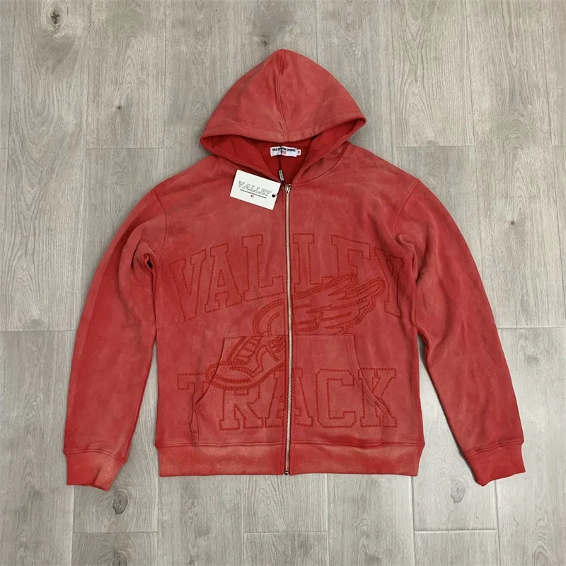 Red Washed VALLEY Oversized Hoodies Men Women American Pure Cotton Vale Embroidered Logo Zip Jackets
