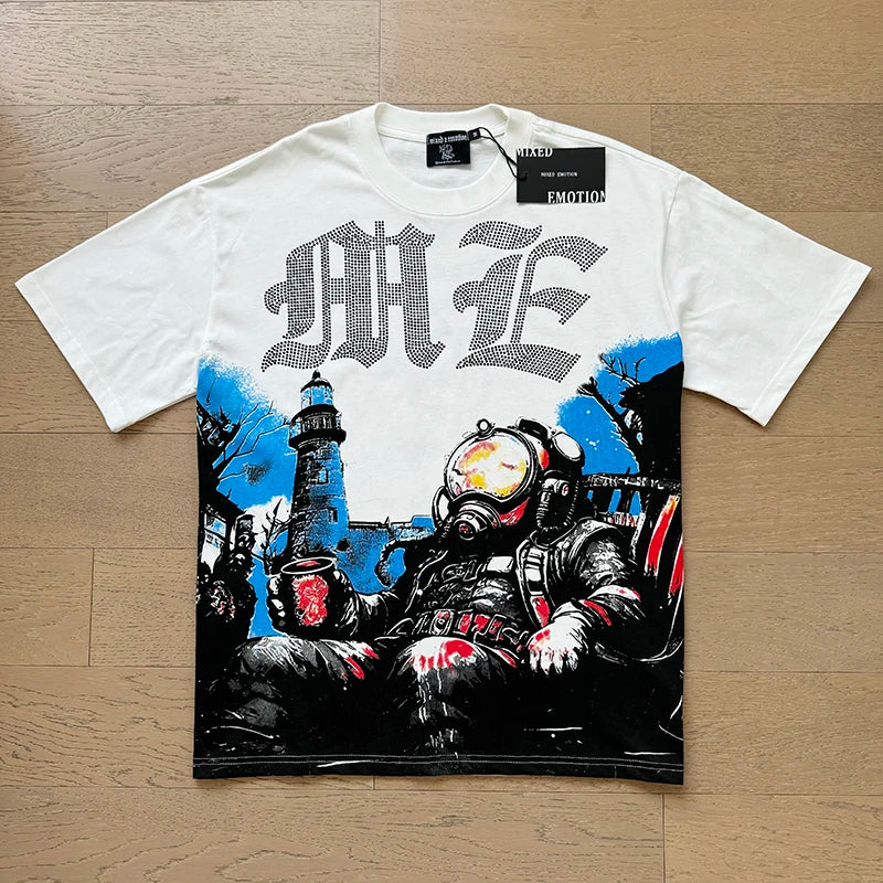 Alien Print MIXED EMOTION White Pure Cotton Tshirts Men Women American High Street Oversized T Shirt